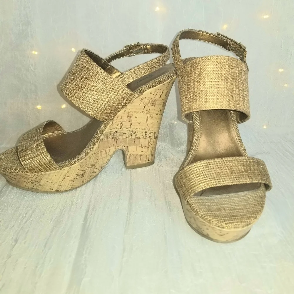 Fioni shimmery cork wedge sandals.